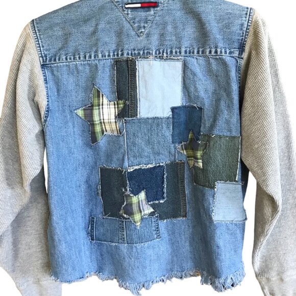 Upcycled Jean Jacket, M: Denim & Flannel Star Patchwork, Waffle Knit Sleeves - Picture 11 of 12